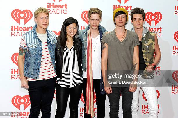 Musicians Brian Dales, Jess Bowen, Stephen Gomez, Josh Montgomery and John Gomez of The Summer Set attend the iHeartRadio Music Festival at the MGM...