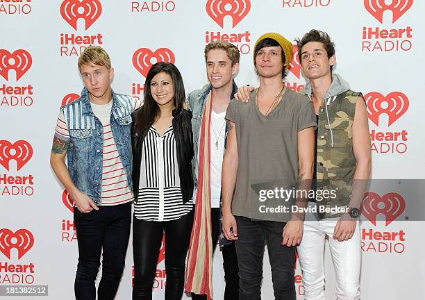 Musicians Brian Dales, Jess Bowen, Stephen Gomez, Josh Montgomery and John Gomez of The Summer Set attend the iHeartRadio Music Festival at the MGM...