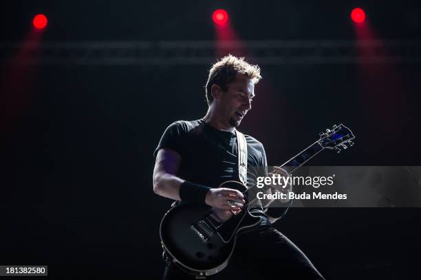 Chad Kroeger of Nickelback performs on stage during a concert in the Rock in Rio Festival on September 20, 2013 in Rio de Janeiro, Brazil.