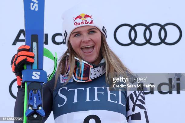 Alice Robinson of Team New Zealand reacts from the podium after finishing second place in the second run of the Women's Giant Slalom at the Stifel...