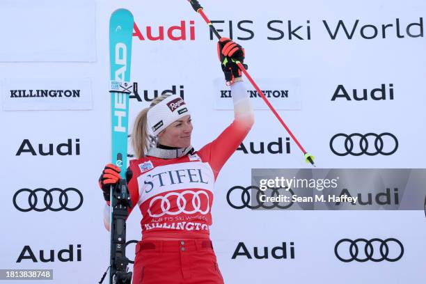 Lara Gut Behrami of Team Switzerland reacts on the podium after finishing first place during in the Women's Giant Slalom at the Stifel Killington FIS...