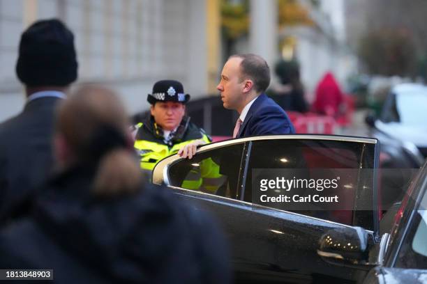 Britain's former Health Secretary, Matt Hancock, arrives to testify for the second time at the Covid inquiry on December 1, 2023 in London, England....