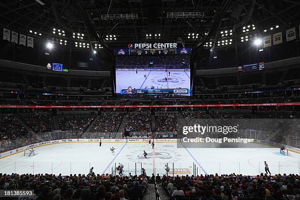 General view of the arena shows the new jumbotron over center ice as the Los Angeles Kings face the Colorado Avalanche during their preseason game at...