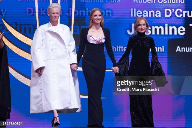 Jessica Chastain, Isabelle Huppert and Melita Toscan du Plantier on stage during the ceremony for the 20th annual Marrakech International Film...