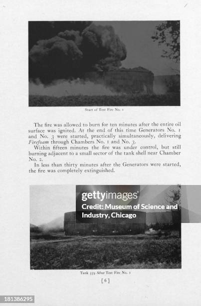 Black and white photograph showing an image of Tank 559 in a cleared field after going through its first test with fire number 1, 1928. It orginally...