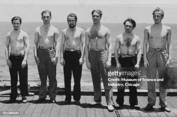 An image of POWs captured from the German submarine U505, June 16, 1944. Pictured are, from left, Werner Karl Reh, Karl Oskar Springer, Alfred Karl...