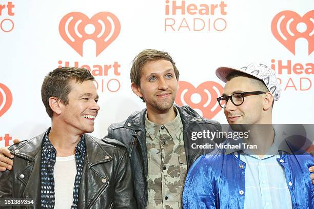 Nate Ruess, Andrew Dost and Jack Antonoff of fun. Arrive at the iHeartRadio Music Festival - press room held at MGM Grand Arena on September 20, 2013...