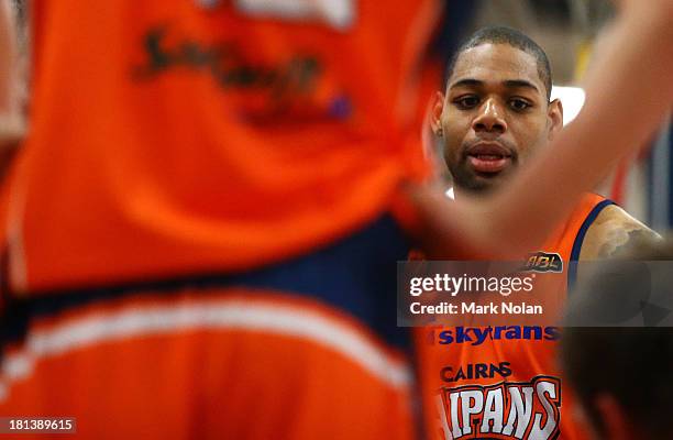 Demetri McCamey of the Taipans is pictured during a time out during the 2013/14 Pre-season Blitz match between The Adelaide 36ers and Cairns Taipans...