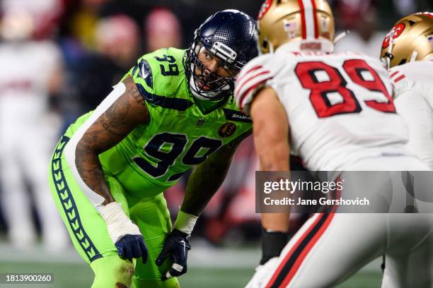 Seattle Seahawks defensive end Leonard Williams looks on during the third quarter of the game against the San Francisco 49ers at Lumen Field on...