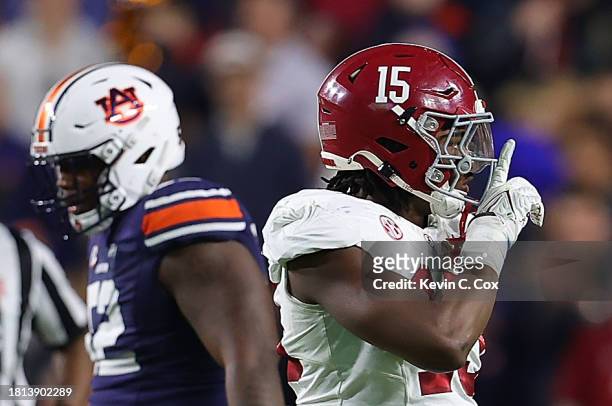 Dallas Turner of the Alabama Crimson Tide reacts after a defensive stop against the Auburn Tigers during the fourth quarter at Jordan-Hare Stadium on...