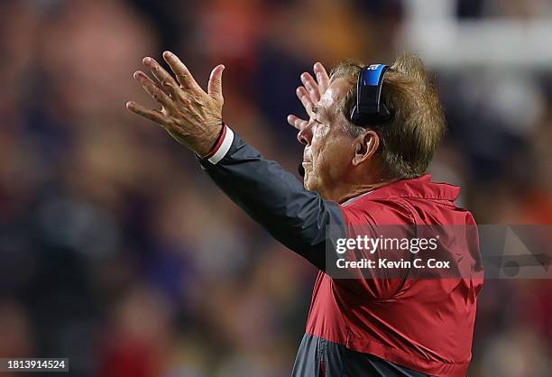 Head coach Nick Saban of the Alabama Crimson Tide reacts to a call during the fourth quarter against the Auburn Tigers at Jordan-Hare Stadium on...