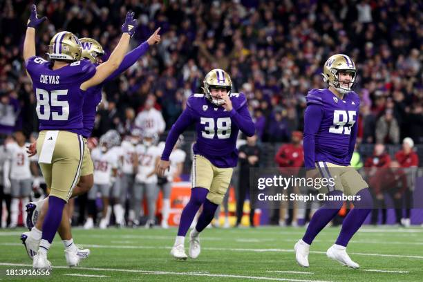 Grady Gross of the Washington Huskies reacts after kicking the winning field goal against the Washington State Cougars in the 115th Apple Cup at...