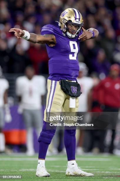 Michael Penix Jr. #9 of the Washington Huskies reacts after a first down against the Washington State Cougars during the fourth quarter at Husky...