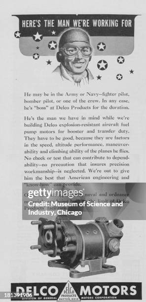 World War II-era black and white advertisement, 'Here Is The Man We Are Working For,' for Delco Motors, showing an image of a pilot with a smile on...