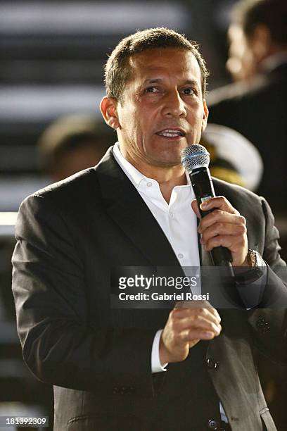 Ollanta Humala, President of Peru delivers a speech during the Opening Ceremony of the I ODESUR South American Youth Games at Plaza de Armas on...