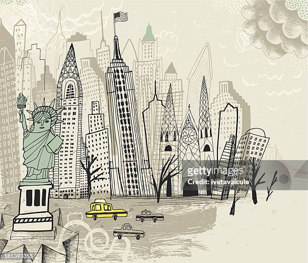 ilustraciones, imágenes clip art, dibujos animados e iconos de stock de edificios de la ciudad de nueva york y de los monumentos famosos - statue of liberty drawing