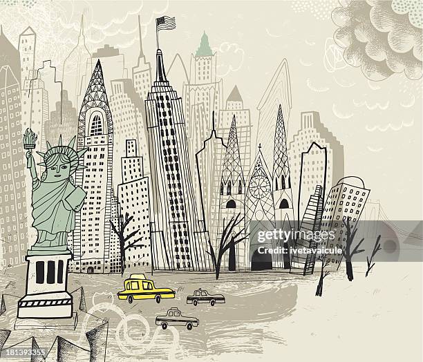 ilustrações de stock, clip art, desenhos animados e ícones de cidade de nova iorque edifícios e monumentos famosos - baixo manhattan