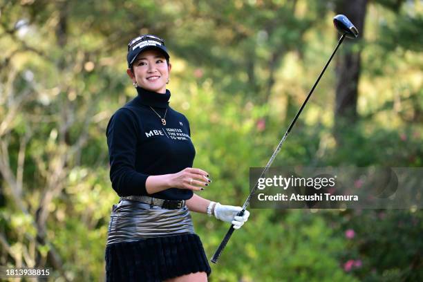 Erika Hara of Japan reacts after her tee shot on the 2nd hole during the final round of JLPGA Tour Championship Ricoh Cup at Miyazaki Country Club on...