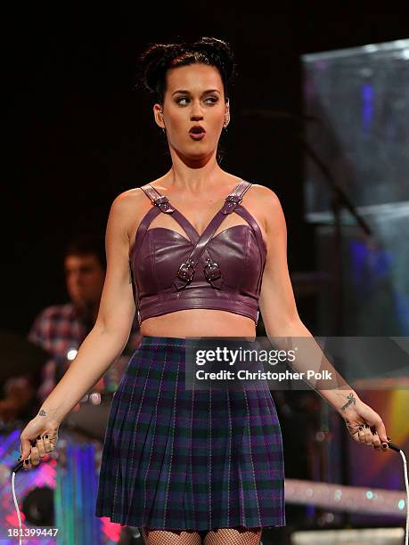 Entertainer Katy Perry performs onstage during the iHeartRadio Music Festival at the MGM Grand Garden Arena on September 20, 2013 in Las Vegas,...