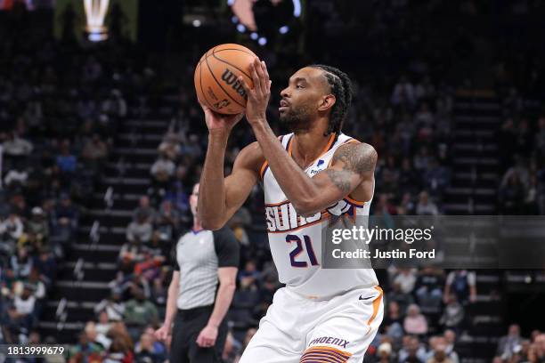 Keita Bates-Diop of the Phoenix Suns looks to take a shot against the Memphis Grizzlies during a In-Season Tournament game at FedExForum on November...