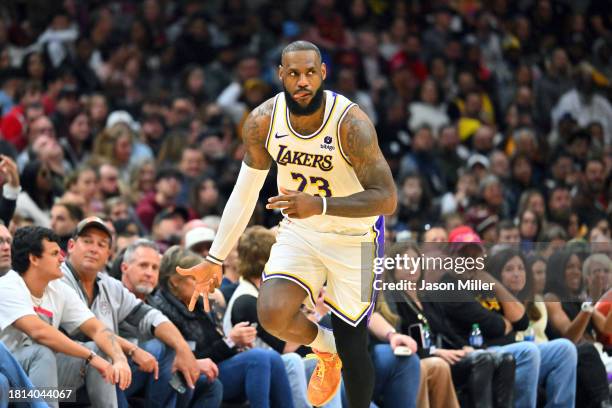 LeBron James of the Los Angeles Lakers celebrates after scoring during the fourth quarter against the Cleveland Cavaliers at Rocket Mortgage...