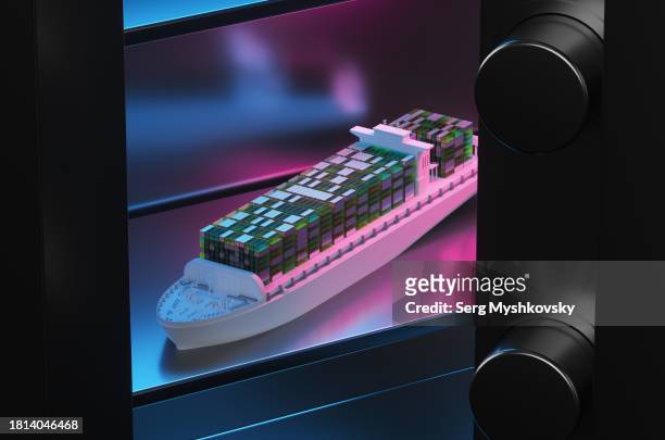 close-up of a cargo ship with containers inside a metal safe. - safety deposit box stockfoto's en -beelden