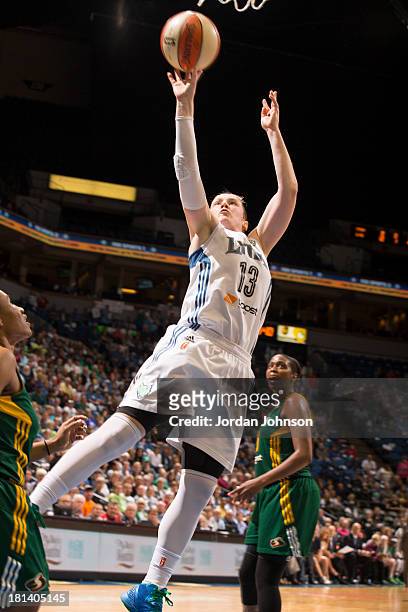 Lindsay Whalen of the Minnesota Lynx goes for the layup against the Seattle Storm during the WNBA Western Conference Semifinals Game 1 on September...