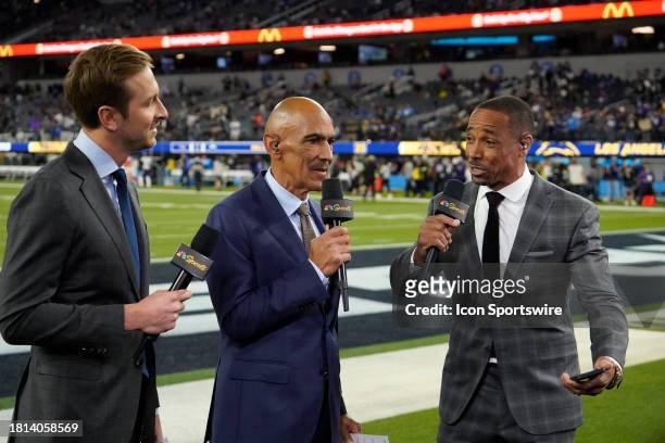 Jac Collinsworth, Tony Dungy and Rodney Harrison of NBC Sunday Night Football before the Los Angeles Chargers game versus the Baltimore Ravens on...