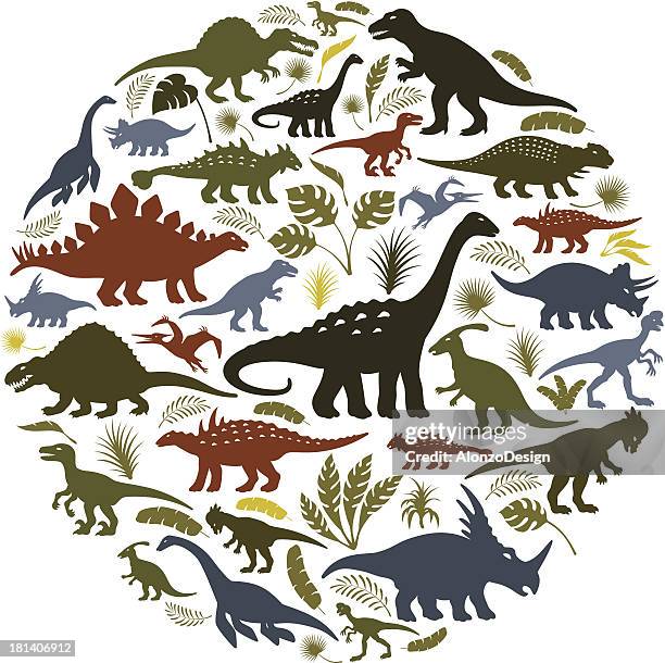 collage von dinosaurier-symbole im kreis - velociraptor stock-grafiken, -clipart, -cartoons und -symbole