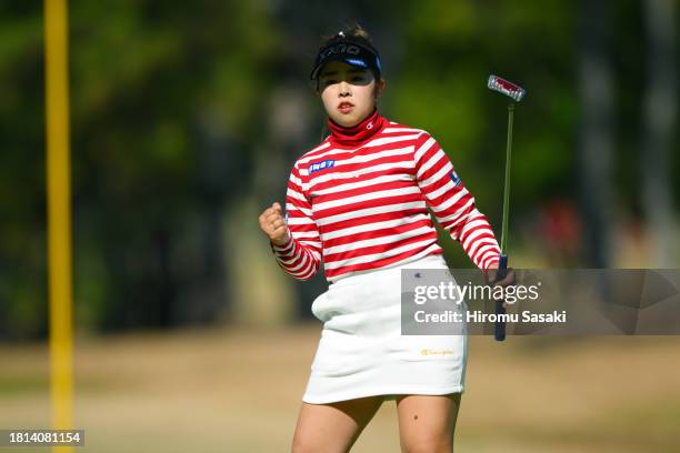 Miyuu Yamashita of Japan celebrates the birdie on the 8th green during the final round of JLPGA Tour Championship Ricoh Cup at Miyazaki Country Club...