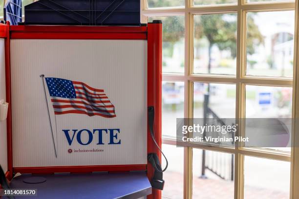 Voting booth is seen at the Office of Voter Registration and Elections in Virginia Beach, Virginia, during early voting on Friday, Sept. 22, 2023.