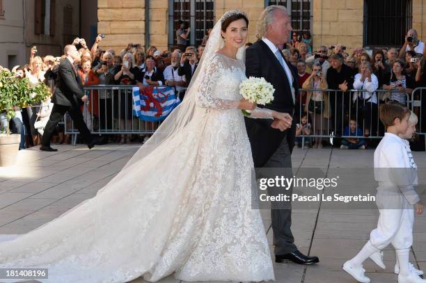 Princess Claire Of Luxembourg, her father Hartmut Lademacher, Prince Gabriel Of Luxembourg and Prince Noah Of Luxembourg arrive to the Religious...