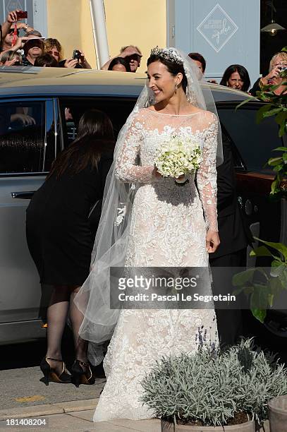 Princess Claire Of Luxembourg arrives to her Religious Wedding to Prince Felix Of Luxembourg at the Basilique Sainte Marie-Madeleine on September 21,...