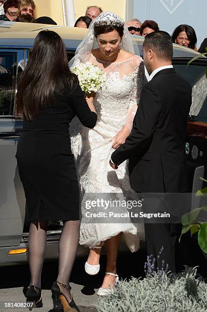 Princess Claire Of Luxembourg arrives to her Religious Wedding to Prince Felix Of Luxembourg at the Basilique Sainte Marie-Madeleine on September 21,...