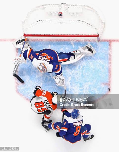 Ilya Sorokin of the New York Islanders makes the second period save on Cam Atkinson of the Philadelphia Flyers at UBS Arena on November 25, 2023 in...