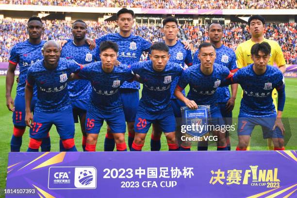 Players of Shanghai Shenhua line up prior to the 2023 Chinese Football Association Cup final match between Shanghai Shenhua and Shandong Taishan at...