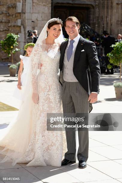 Princess Claire Of Luxembourg and Prince Felix Of Luxembourg depart their wedding ceremony at the Basilique Sainte Marie-Madeleine on September 21,...