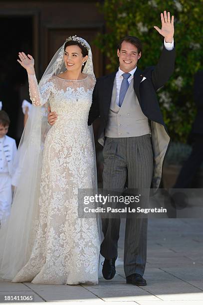 Princess Claire Of Luxembourg and Prince Felix Of Luxembourg depart their wedding ceremony at the Basilique Sainte Marie-Madeleine on September 21,...