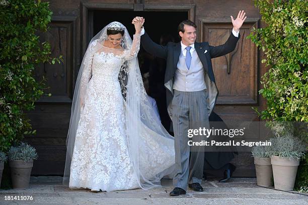 Princess Claire Of Luxembourg and Prince Felix Of Luxembourg depart their wedding ceremony at the Basilique Sainte Marie-Madeleine on September 21,...