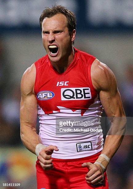 Jude Bolton of the Swans celebrates a goal during the AFL Second Preliminary Final match between the Fremantle Dockers and the Sydney Swans at...