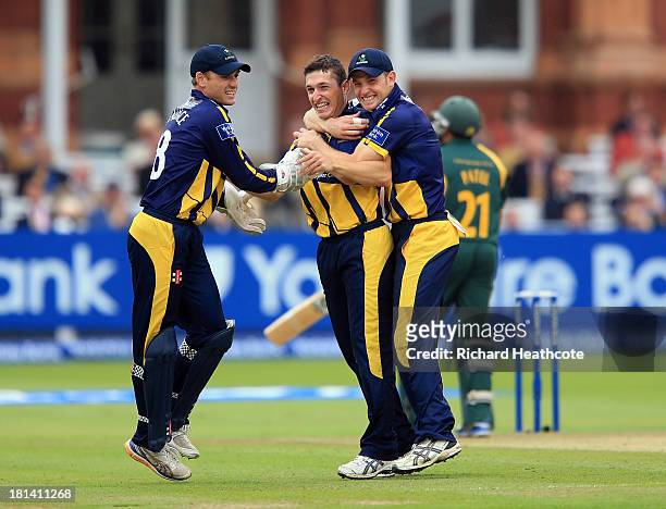 Andrew Salter of Glamorgan celebrates taking the wicket of Samit Patel of Notts during the Yorkshire Bank 40 Final match between Glamorgan and...