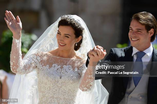 Princess Claire Of Luxembourg and Prince Felix Of Luxembourg depart their wedding ceremony at the Basilique Sainte Marie-Madeleine on September 21,...