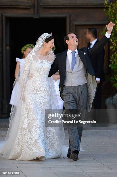 Princess Claire Of Luxembourg and Prince Felix Of Luxembourg depart their wedding ceremony at the Basilique Sainte Marie-Madeleine on September 21,...