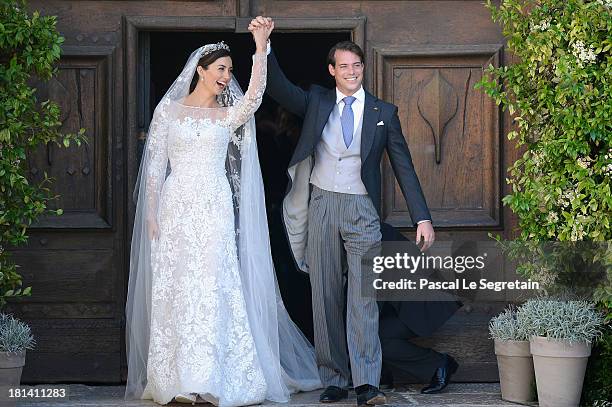 Princess Claire Of Luxembourg and Prince Felix Of Luxembourg depart their wedding ceremony at the Basilique Sainte Marie-Madeleine on September 21,...