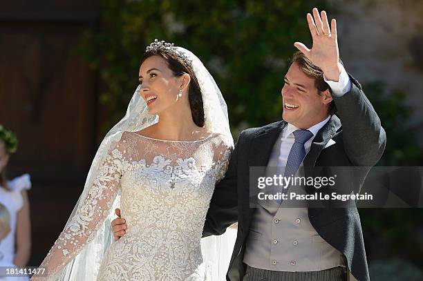 Princess Claire Of Luxembourg and Prince Felix Of Luxembourg depart their wedding ceremony at the Basilique Sainte Marie-Madeleine on September 21,...