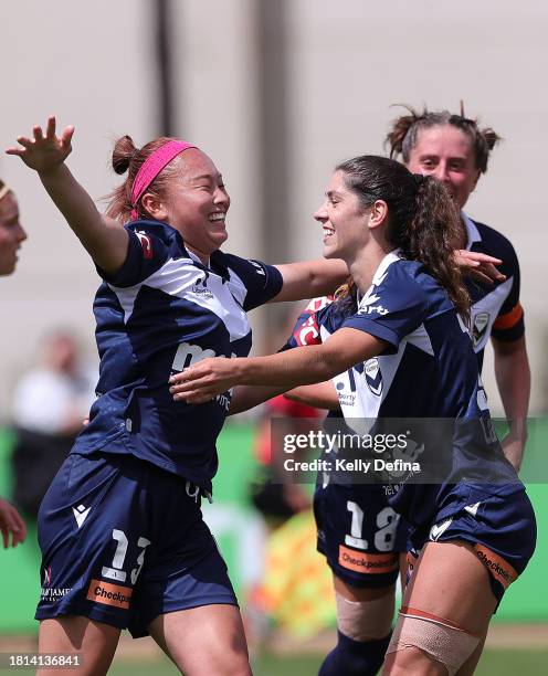 Kurea Okino of Victory celebrates scoring a goal with team mates during the A-League Women round six match between Melbourne Victory and Central...