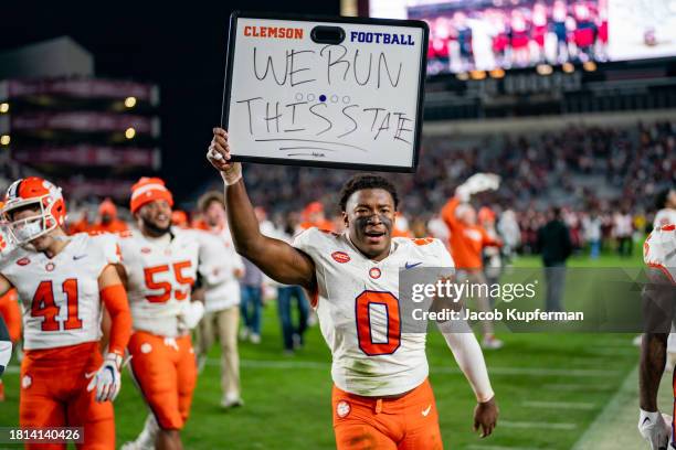 Barrett Carter of the Clemson Tigers celebrates after defeating the South Carolina Gamecocks during their game at Williams-Brice Stadium on November...