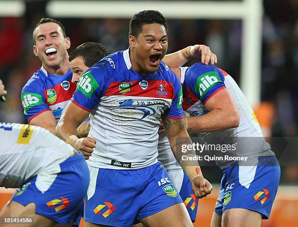 Joey Leilua of the Knights celebrates winning the NRL Second Semi Final match between the Melbourne Storm and the Newcastle Knights at AAMI Park on...