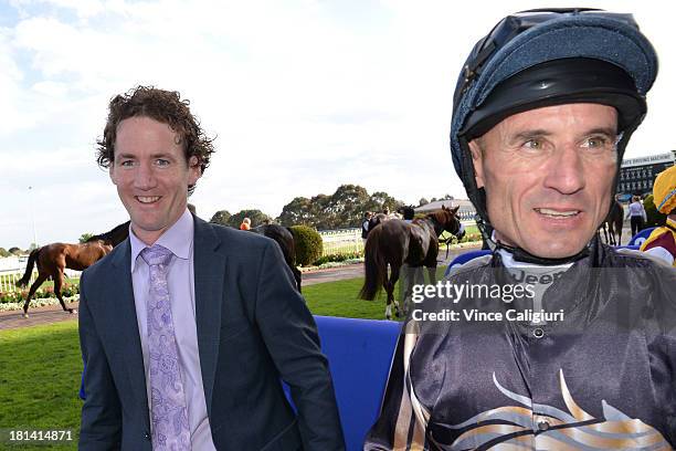 Trainer Ciaron Maher and Glen Boss after Mr O'ceirin won the D'urban Naturalism Stakes during Melbourne Racing at Caulfield Racecourse on September...
