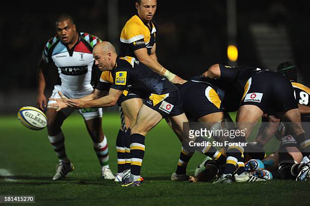 Worcester player Paul Hodgson in action during the Aviva Premiership match between Worcester Warriors and Harlequins at Sixways Stadium on September...
